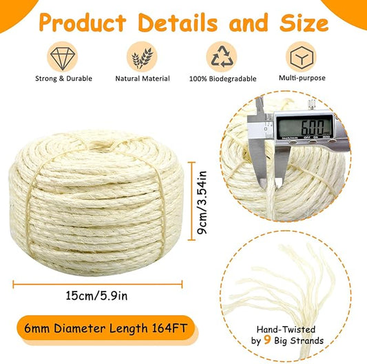 Sisal Rope for Cat Scratcher 1/4" Diameter 164 FT Cat Natural Sisal Rope for Repairing Cat Scratching Post Cat Tower Repair Rope Cat Tree Rope Replace Recovering and DIY