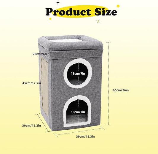 3-Level Cat House for Indoor, Covered Cat Condo with Scratch Pad and Hideaway Cave, Cat Bed &Furniture for Multi Pets and Large Cats, 15.3 * 15.3 * 26 inches,Grey