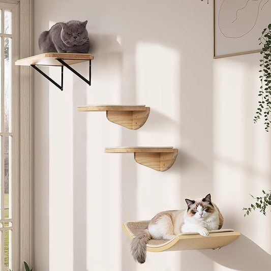 Cat Wall Shelves with Sisal Pads, 4-Piece Wooden Cats Furniture Set with Cat Window Perch, Flat Shelf & Sisal-Clad Steps for Climbing and Scratching
