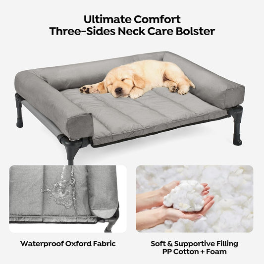 Veehoo Cooling Elevated Dog Bed Add Removable Waterproof Bolster Cushion Mat, Raised Pet Cot with Breathable Teslin Mesh, No-Slip Feet, Dog Couch Bed for Indoor Outdoor, 32x25inches, Grey, CWC2331B
