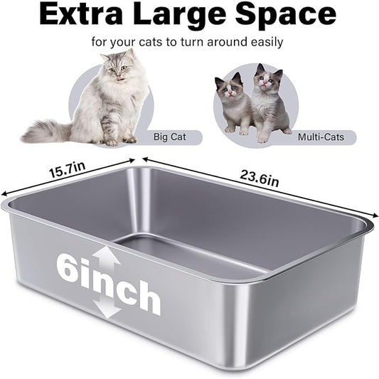 Stainless Steel Litter Box, 23.6"x15.7"x6"(Height) Metal Litter Box 4 Pack,Easy to Clean,Non Stick No Smell Steel Cat Litterbox,XL