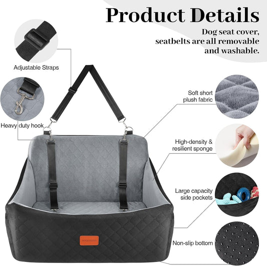 Dog Car Seat for Medium & Large Dogs Up to 55lbs, Memory Foam Cushion, Washable Cover, Safety Straps & Non-Slip Base(Black/Grey,Large)