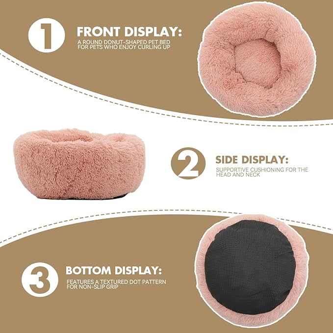 Athena Collection Washable Small Dog Bed, Cat Bed for Indoor Cats, 24 Inches Fluffy Faux Fur Round Pet Bed Calming Cozy Soft Warming Donut for Small Dog Puppy Kitten, Pink