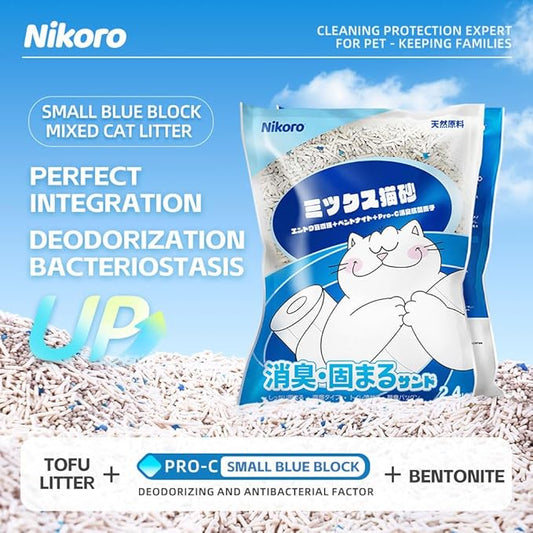 NIKORO Mixed Cat Litter,Strong Clumping Cat Litters,Odor Control and Unscented Ultra Absorbent Water Flushable Bentonite Tofu Cat Litter,Dust Free Scent Free,(5.29 lbs×1Bags)