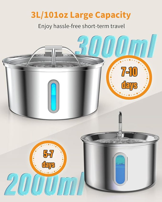 Cat Water Fountain Stainless Steel, 0.8gal/108oz Pet Water Fountain, 3 Replacement Filters, Automatic Cat Fountain with Quiet Pump Suitable for Cats, Dogs and Multi-pet households (Window)