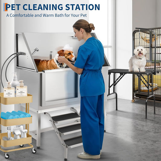 Stainless Steel Dog Washing Station - Dog Bath Tub for Large, Medium, Small Dogs, Pet Grooming Tub with Ramp, Non-Slip Grate, Shower, Soap Box, Faucet, Drain for Home & Outdoor (Left RAMP, 50")