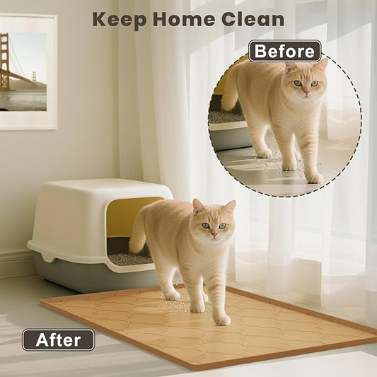Cat Mat for Litter Box, 38" X 26" Silicone Cat Litter Trapping Mat, Easy Clean for Scatter Control, Soft on Kitty Paws, Waterproof, Urine-Proof, Non-Slip Kitty Litter Mat for Floor, Brown