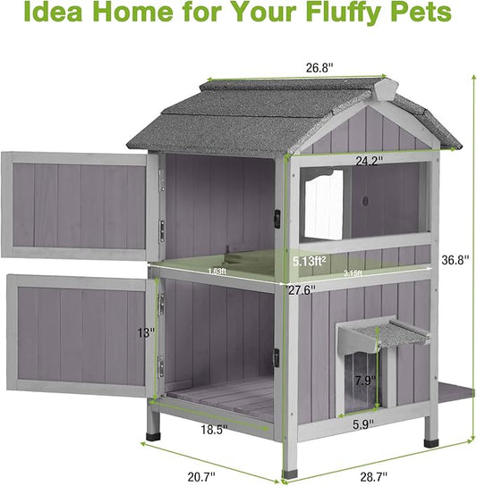 Cat Houses for Outdoor Cats 2-Story Large Cat Condo for Multiple Cats, Weatherproof Feral Cat Shelter with Window, Easy Clean Wood Kitty House