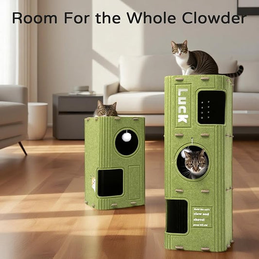 3 Stories Cat Bed for Indoor Cats, Cute and Fashionable Cat House Cave for Multiple Cats, Cozy Felt and Scratch Resistant Cat Condo with Dangling Balls.
