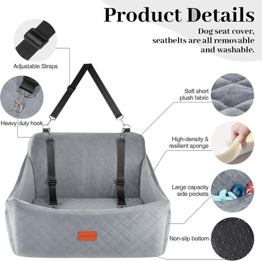 Dog Car Seat for Medium & Large Dogs Up to 55lbs, Memory Foam Cushion, Washable Cover, Safety Straps & Non-Slip Base(Grey,Large)