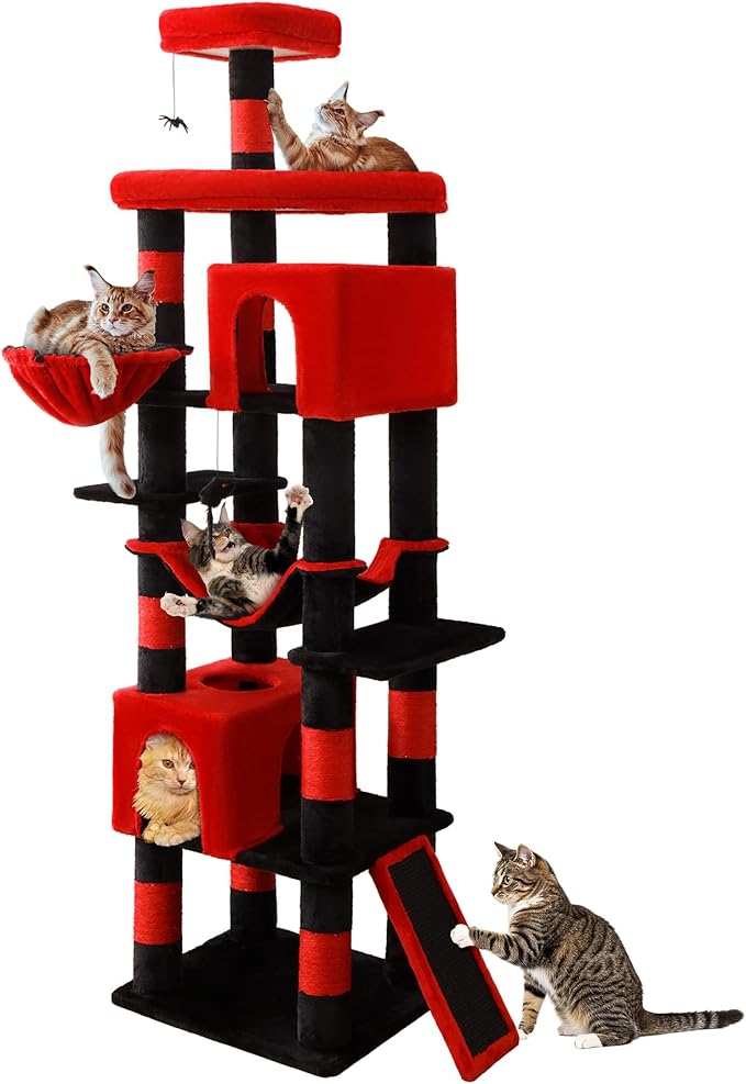 AMHANCIBLE Large Gothic Cat Tree, 83 Inch Tall Tower for Indoor Adult Cats, with Scratching Post and Board, Hammock, Condos, Hanging Basket, Activity Center to Play and Sleep, Black Red, PT21RD