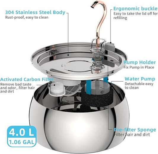 Tomxcute Cat Water Fountain - 4.0L/135oz Gooseneck Copper Faucet Design Cats Fountain for Drinking - Large Capacity Stainless Steel Cat Water Fountain - Comes with 3 Replacement Filters