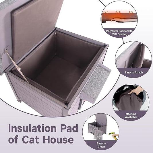 Insulated Cat House Outdoor, Wooden Feral Cat Shelter Weatherproof with Thickened Insulated Liner Keep Warm in Winter for Intdoor Cats, Dogs