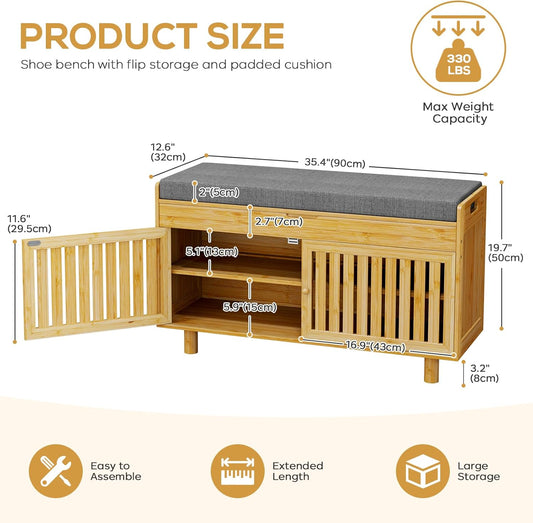 Shoe Storage Bench, Bamboo Entryway Bench with 2 Doors & Padded Seat Cushion, 35.4" W x 12.6" D x 19.7" H, 2-Tier Shoe Rack with Lift Top Hidden Storage, for Entryway, Living Room, Bedroom, Natural