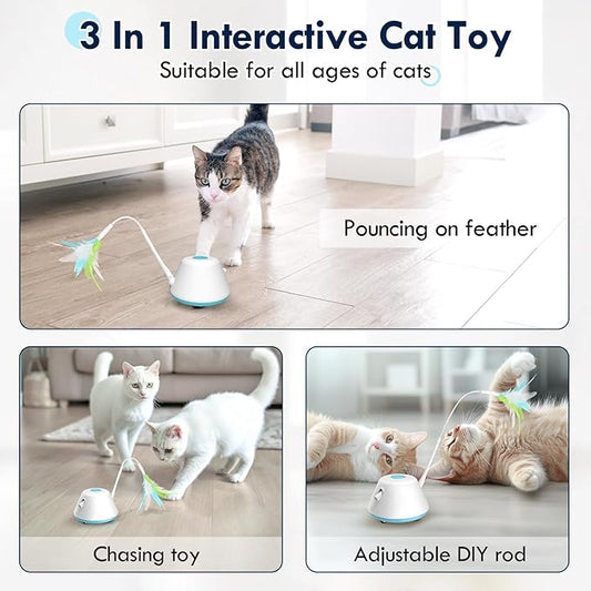 Automatic Cat Toy Interactive Cat Toys for Indoor Cats with 3 Removable Feathers & 3 Speed Play Modes,USB Rechargeable Smart Excercise Toy for for Multi-cat Family Adult Bored Kittens