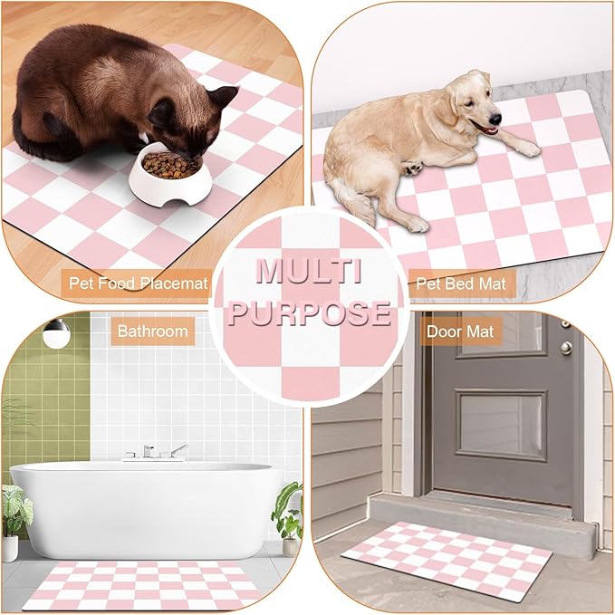 Checkered Dog Cat Feeding Mat, 17'' x 28'' Large Dog Food Mats, Absorbent Pet Feeding Mat for Food and Water Bowl, Dispenser, Checkerboard Pet Placemat with Rubber Backing, Pink & White