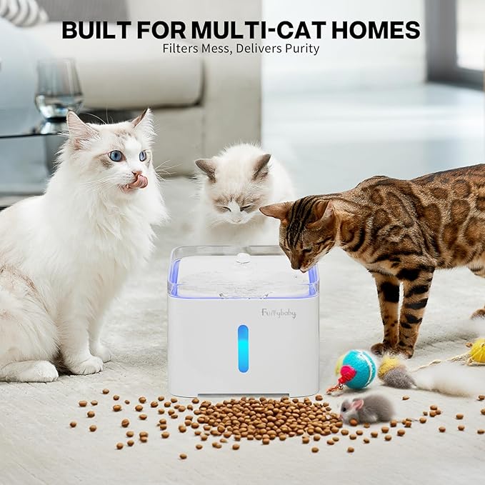 furrybaby Cat Water Fountain Quiet,67oz/2.0L Water Fountains for Cats Indoor with LED Light and Water Level Window,Small Pet Water Dispenser - Pure White 