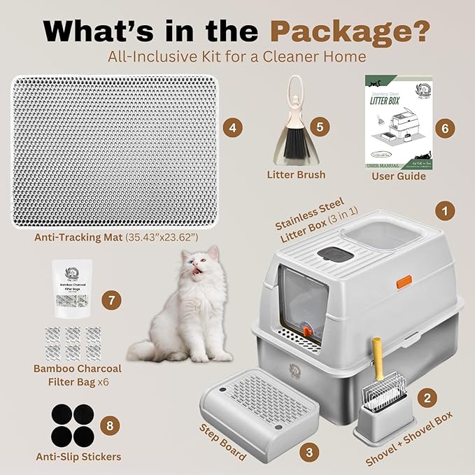 Fully Enclosed XXL Stainless Steel Litter Box with Lid, 8” Deep Pan, Large Stainless Steel Cat Litter Box for Big Cat with Scoop, Step Board, Mat, Brush, Odor-Free, Anti-Leak, Non-Stick (Light Gray)