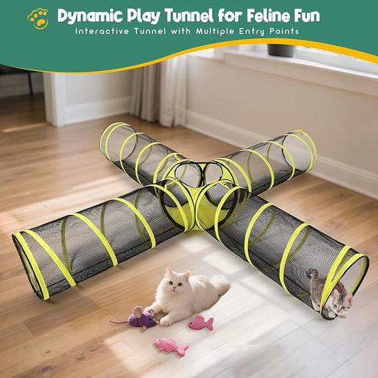 4-Way Cat Tunnel with Central Cube – Portable Mesh Playhouse for Indoor & Outdoor Use – Tent for Cats, Rabbits, and Small Pets