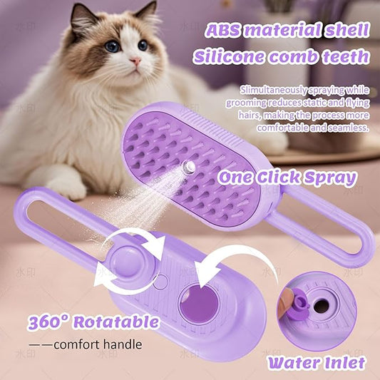 4 in 1 Cat & Dog Steam Brush Kit with 2 Comb Heads - Rechargeable Grooming Brush for Long/Short Hair Shedding, Anti-Static Steam Spray & Foldable Handle, Pet Spa Cleaning Tool (Purple)
