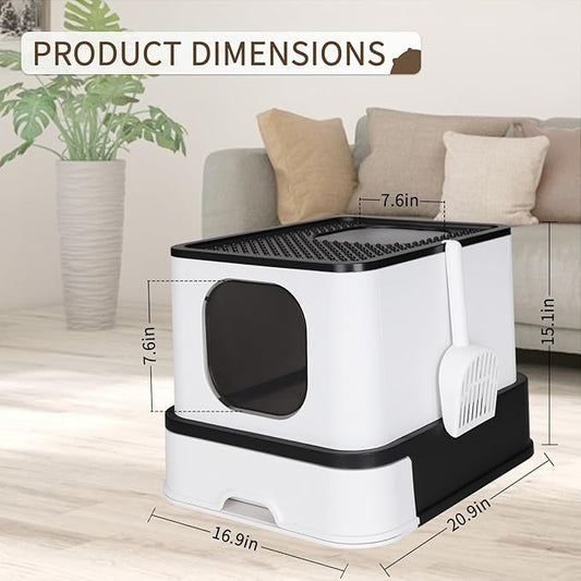 RIZZARI Large Enclosed Cat Litter Box : Covered Leak-Proof Reduces Odor - for Indoor Use Cat Owners (Black)