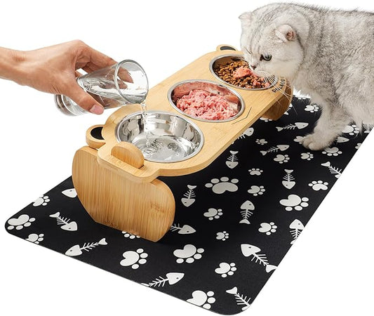 Tilted Elevated Cat Food Bowls Set: Raised Pet Dishes for Cats & Puppy with 15°Tilted Bamboo Stand, Stainless Steel Food & Water Bowl and Pet Feeding Mat | Anti Vomiting (3 Bowls | Little Monster)