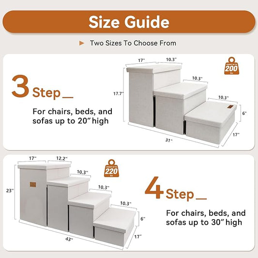 Dog Stairs with Storage 18" H, 3-Step Wider Dog Steps for Small/Medium/Large Old Dogs Cats, Folding Sturdy Pet Stairs Climbing Bed or Couch, Ramp for Car Up to 200 lbs (Beige, No Condo)