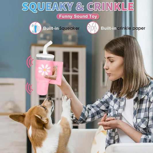 Squeaky Dog Toy - Crinkle Pup Cup Tumbler Plush Dog Toy with Cute Daisy Design for Small Medium Breeds, Funny Interactive Puppy Birthday Gift (Pink)