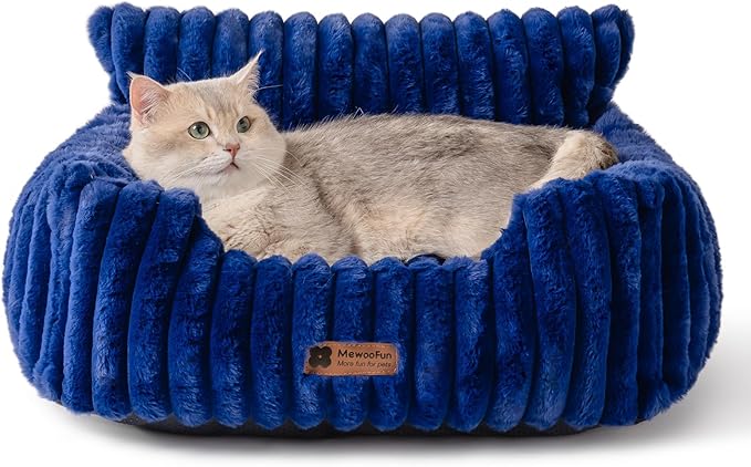 MEWOOFUN Cat Beds for Indoor Cats, Fluffy Cat Couch with Removable Washable Cover, Supportive Small Dog Beds for Puppy & Kitten up to 15 lbs (Navy Blue, 24x19x12)