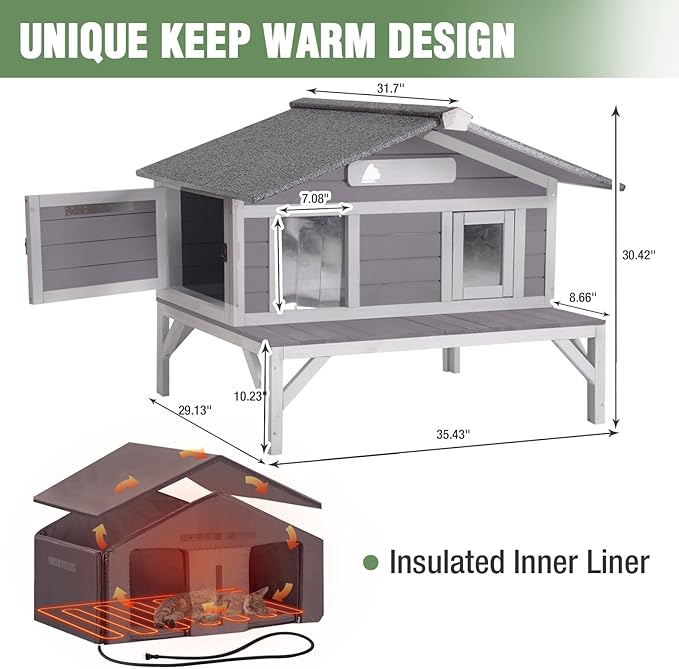 Outdoor Heated Cat House with Insulated Liner, Feral Cat Shelter for Cold Weather Protection, Kitty Home with Waterproof Roof, Raised Leg and Large Porch