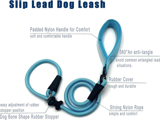 Slip Lead Dog Leash,Strong Nylon Rope Leash and Padded Handle,No Pull Outdoor Walking Training Lead for Small Medium Large Dogs (Light Bule,1/2"×4ft)