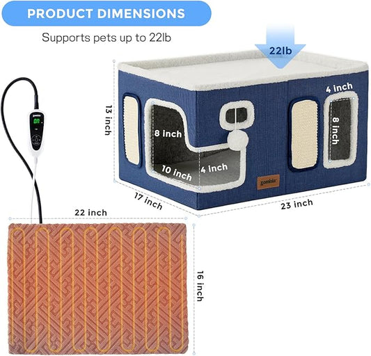 Heated Cat House for Indoor Cats - Large Cat Warming Bed for Winter with Fluffy Ball Hanging and Adjustable Heating Pad, Foldable Cat Hideaway,23x16.5x13 inches, Green