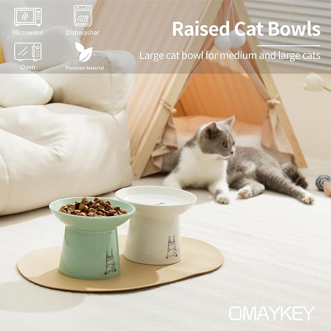 OMAYKEY 6.5 Inch Extra Wide Raised Cat Bowls, Ceramic Elevated Cat Bowl for Food and Water, Wide Shallow Cat Food Dish, Whisker Fatigue, Protect Spine, Lead & Cadmium Free, White & Green