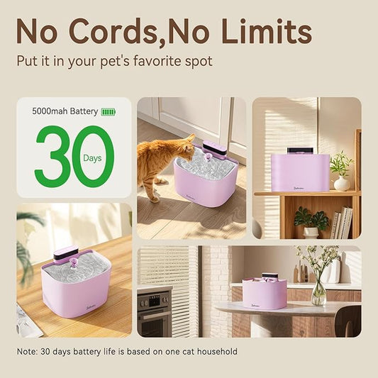 Cat Water Fountain, 122oz/3.6L Pumpless Cat Fountain, Cordless Water Fountains for Cats Indoor, Dog Pet Water Fountain Battery Operated with Stainless Steel Tray (Pink, Fountain+2 Fliters)