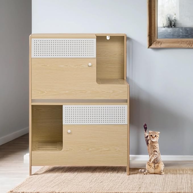 Cat Litter Box Enclosure Furniture Hidden Indoor 2-in-1 Wooden Cat House & Washroom Cabinet with Drawer for 2 Cats, 31.4"x15.7"x44.8"H