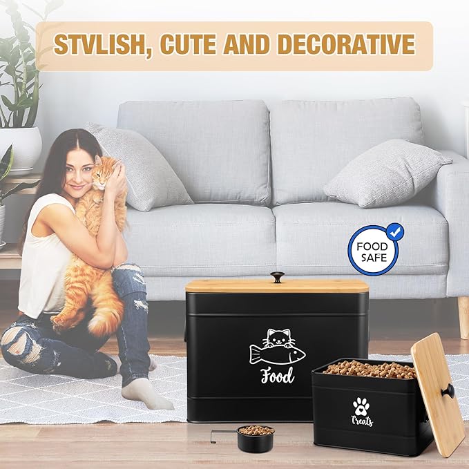 Extra Large Metal Cat Food Containers Airtight 12+3.5 lbs Cat Treat Snack Jars Set of 2 with Bamboo Lids and Spoons Farmhouse Big Pet Cookie Storage Jars for Kitchen Counter Gifts(Black)