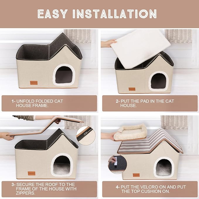 Topmart Cat House with Cat Bed, Large Indoor Condo, 2-in-1 Pet Bed for Kitten and Small Cat, Beige, Grey