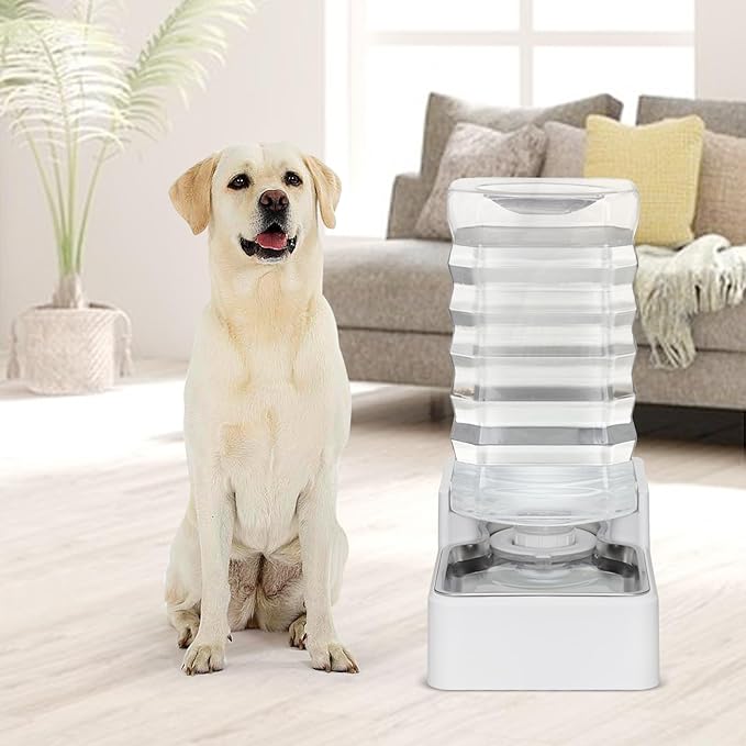 Automatic Pet Water Dispenser: 9L Gravity-Fed Stainless Steel Bowl - BPA-Free Large Capacity White Feeder for Dogs & Cats - Indoor/Outdoor Use