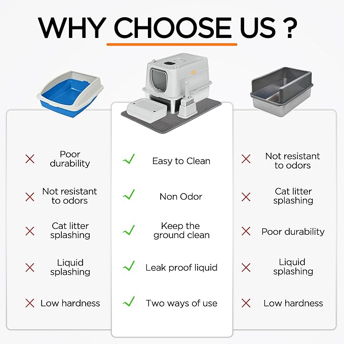 Citylife Stainless Steel Cat Litter Box with Lid,XL Extra Large Enclosed Removable Metal Litter Box with Litter Scoop&Double Layer Litter Mat,Non-Sticky,Non-Odor,Easy Cleaning, for Big Cats Dark Grey