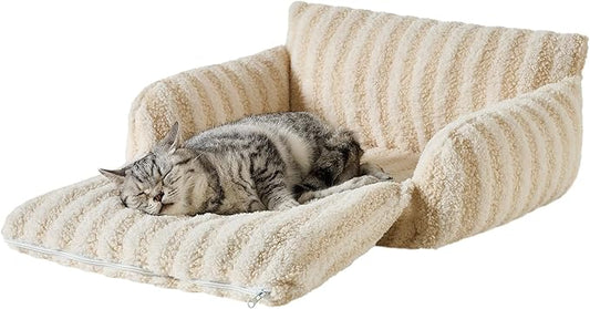 Hollypet Cat Bed Fluffy Plush Mutifuctional Double-Layer Soft Pet Couch Orthopedic Sofa Nest Beds for Small Cats and Dogs, Beige (21x15x8 inch)