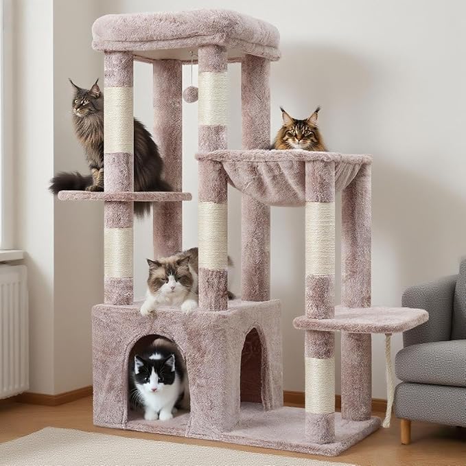 Heybly Heavy Duty Cat Tree, Tower for Indoor Cats Large Adult, Tall Cat Condo House with Extra-Large Baseboard, Multi-Level Plush Furniture with Scratching Posts, Hammock, Toy Ball, Muchroom HCT026MU