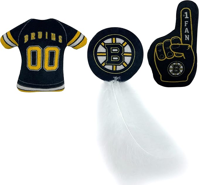 Best Plush CAT Toy: NHL Boston Bruins Complete Set of 3 Piece Cat Toys Filled with Fresh Catnip. Includes: 1 Jersey Cat Toy, 1 Hockey Puck Cat Toy with Feathers & 1#1 Fan Cat Toy. Beautiful Team Logo