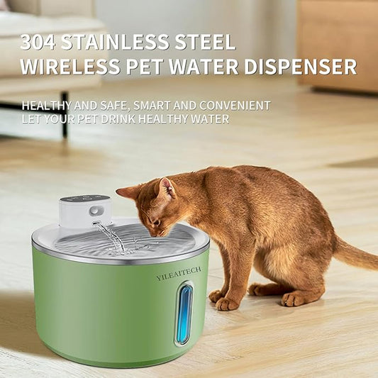 Wireless Cat Water Fountain Stainless Steel, 135oz/4L Cat Fountain, Battery Operated, Cordless Pet Water Fountain for Cats & Dogs with Motion Sensor, Ultra Quiet Pump, 12 Filters (Green, 4L)