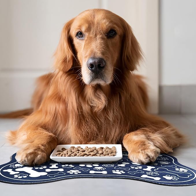 Dog & Cat Food Mat Bone Shaped Pet Feeding Mat Quick Absorb Water Bowl Placemat with Rubber Backing Indoor Floor Stain Resistant Pet Accessory Supplies (Blue, 16x24 Inches)