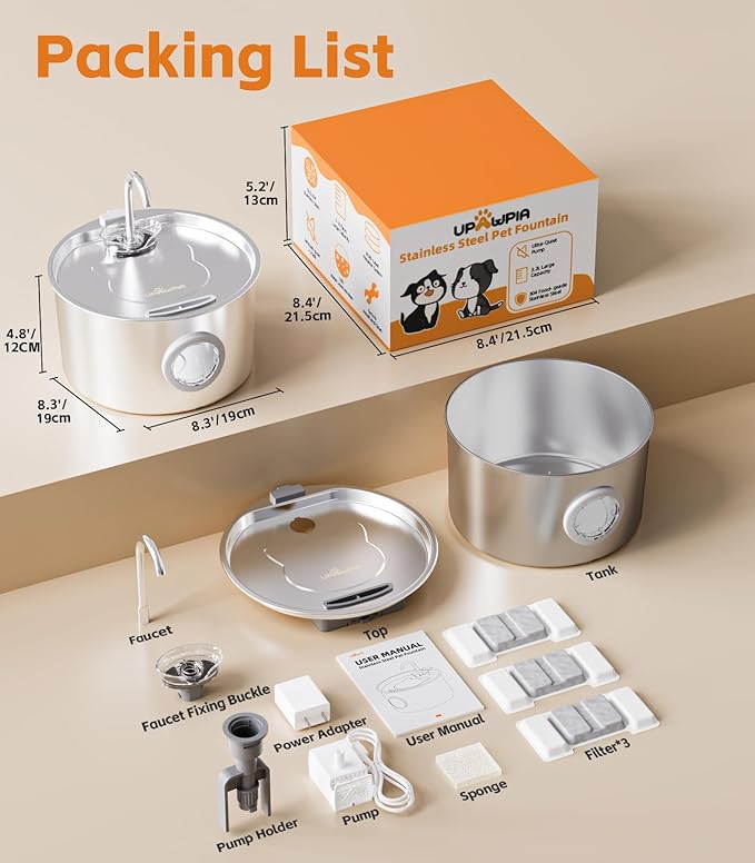 Cat Water Fountain Stainless Steel 108oz/3.2L Automatic Pet Water Fountain for Cats/Dogs Indoor Ultra Quiet Metal Cat Fountains for Drinking Kitty Watering Supplies for Pets & Small Animals