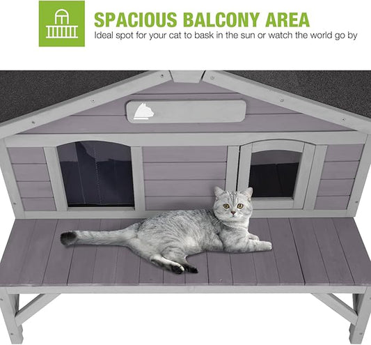 GUTINNEEN Outdoor Cat House Outside Feral Cat Shelter Weatherproof with Large Porch, Escape Door and Name Plate 43.5" L