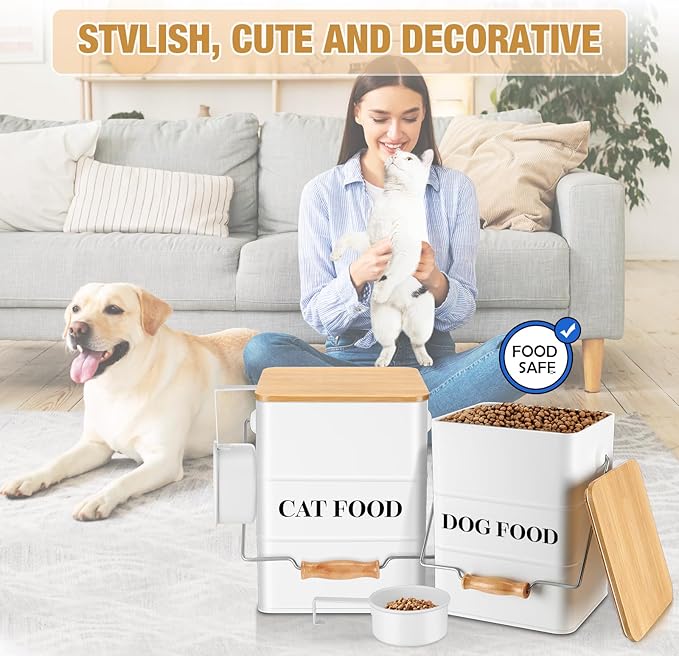 Tioncy 2 Pcs Metal Dog and Cat Food Storage Containers Big Pet Food Containers with Bamboo Lids and Spoon Airtight 5-7 Lbs Dog Cat Treat Snack Jars with DIY Labels for Kitchen Counter(White)