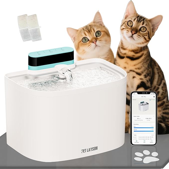 PET LAYSON Pumpless Cat Water Fountain,App Remote Control Smart Cordless Battery Operated 3.6L/122oz Wireless 2.4GHz Wi-Fi Networks Rechargeable Water Dispenser (White, M1Pro-2 Filter)