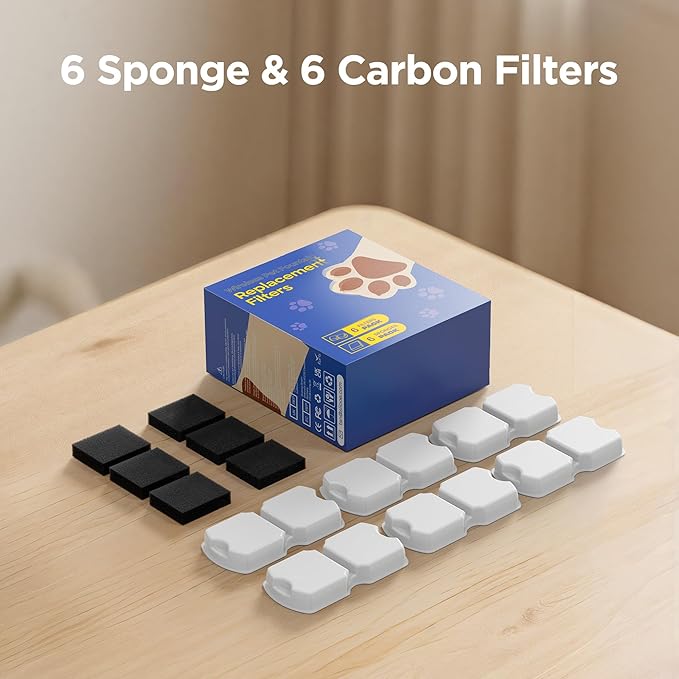 Cat Water Fountain Filter Replacement: 12 Cat Fountain Filter - 12 Pet Fountain Filter - 6 Carbon Filters & 6 Foam Filters - Suitable for GIOTOHUN Stainless Steel Cat Fountain S11