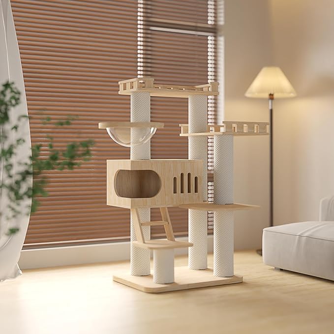 59'' Tall Wooden Cat Tree For Indoor Cats,Modern Cat Tower With Big House,Clear Bowl,Luxury Multi-Level Cat Climbing Frame With Climbing Ladder,Large Platform,Heavy Duty XXL Maine Coon Cat Tree